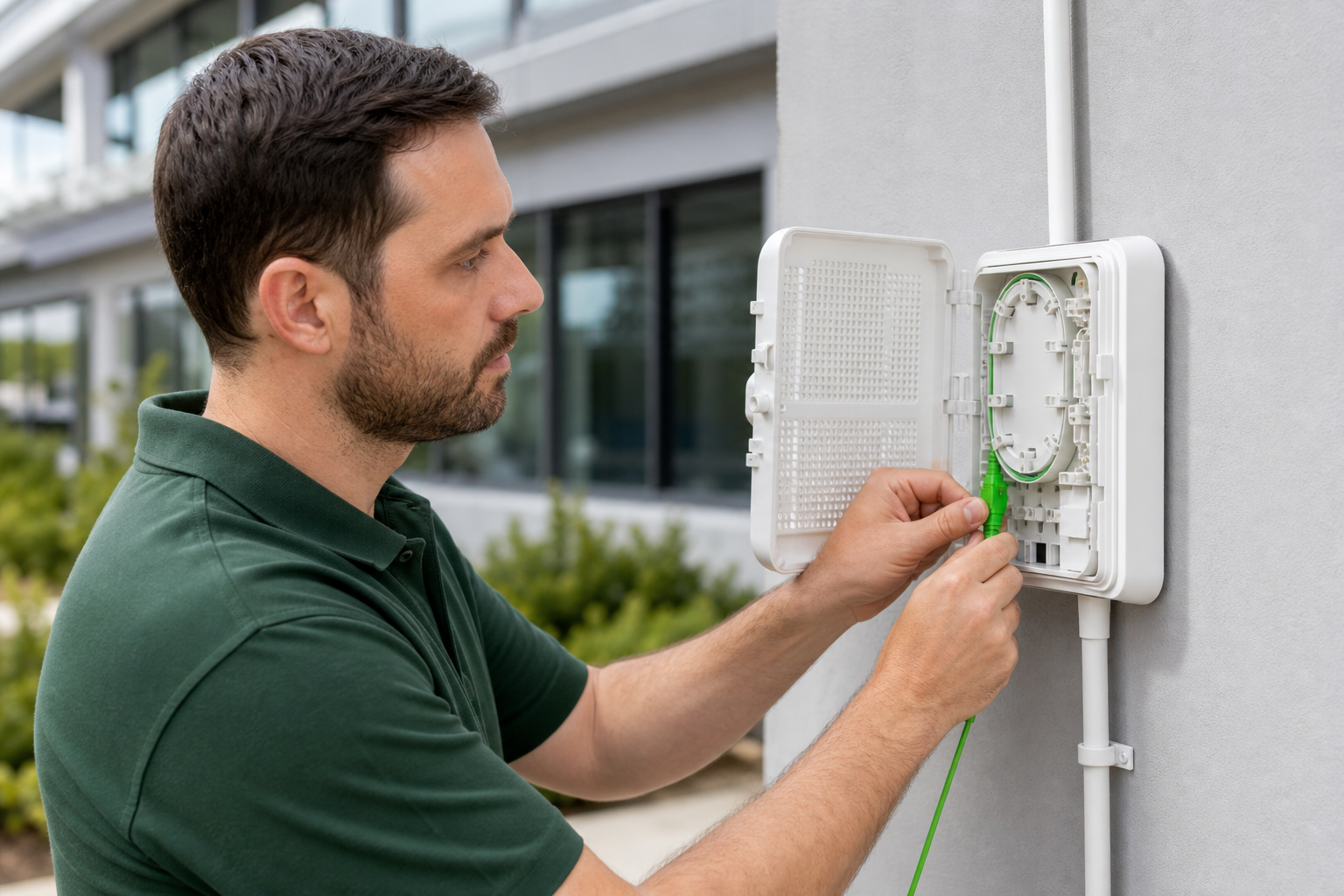 Technician installing NBN full fibre at a commercial premises